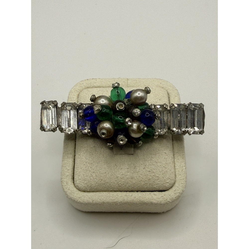 Vintage Bar Brooch Art Deco Style Tutti Fruiti Clear Rhinestone Blue Green Bead
